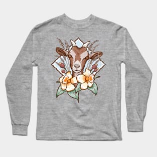 Cute Brown Goat Abstract Floral Design Long Sleeve T-Shirt